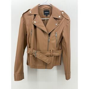 Express Faux Leather Belted Drop Shoulder Jacket, Brown, XS